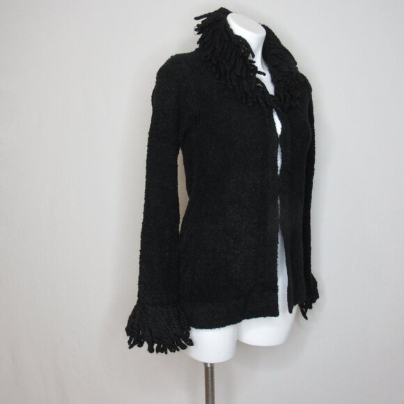 Free People Black Boucle Fringe Cardigan Sweater Hidden Hook Women's M Medium - Picture 4 of 9